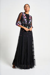 Bibiana black embroidered maxi dress by Frock and Frill with floral embroidery and sheer sleeves