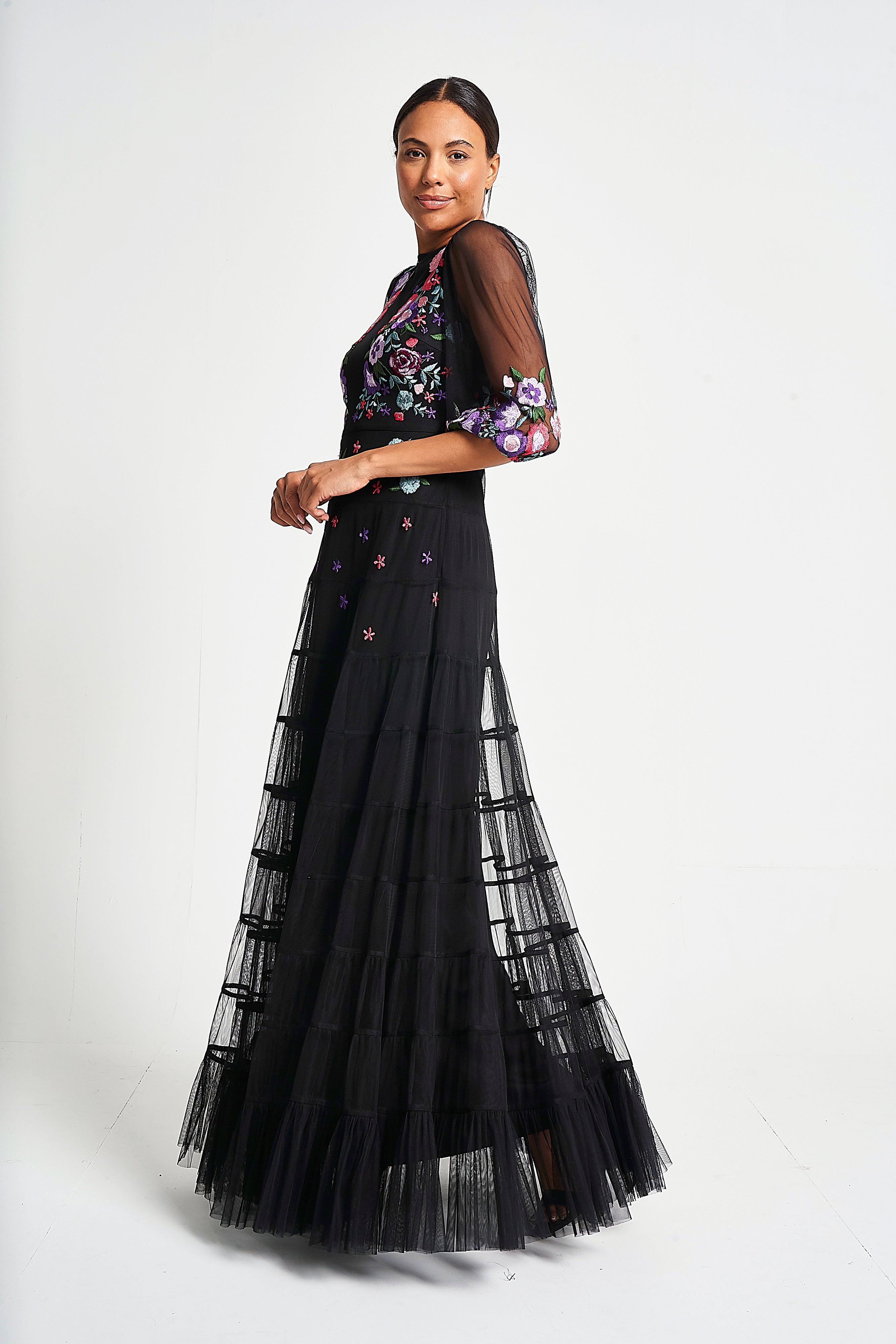 Bibiana black embroidered maxi dress by Frock and Frill with floral embroidery and sheer sleeves