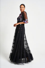 Bibiana black embroidered maxi dress by Frock and Frill with floral embroidery and sheer sleeves