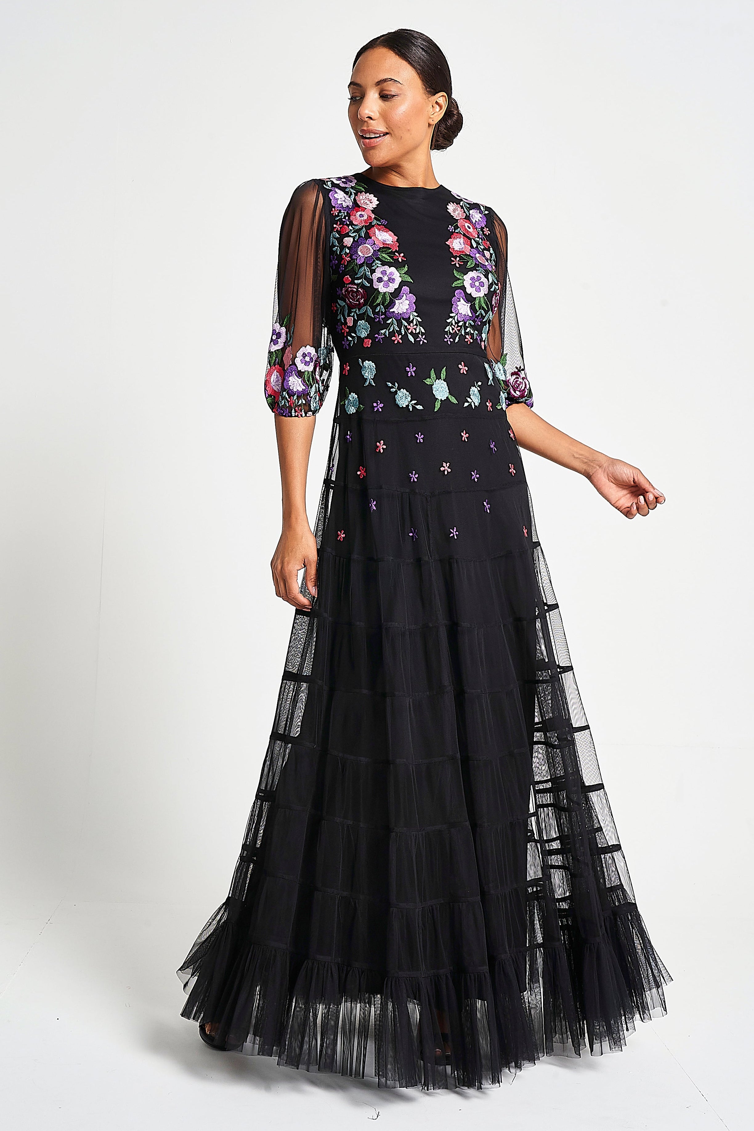 Bibiana black embroidered maxi dress by Frock and Frill with floral embroidery and sheer sleeves