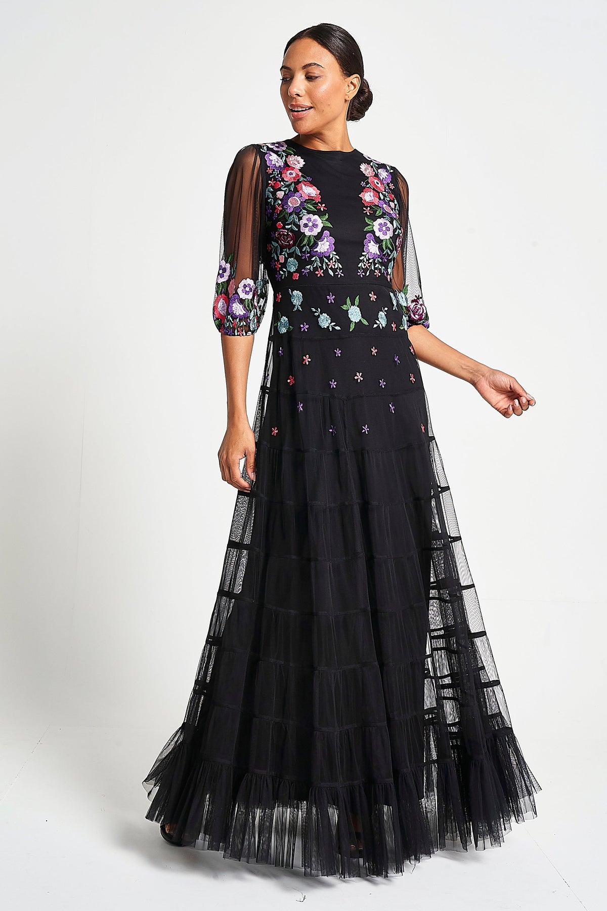Bibiana black embroidered maxi dress by Frock and Frill with floral embroidery and sheer sleeves