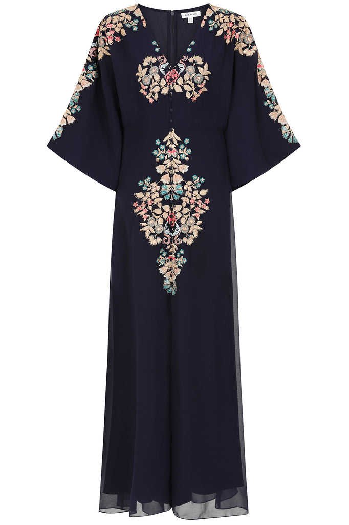 Briony Navy Embroidered Maxi Dress with Batwing Sleeves – Frock and Frill