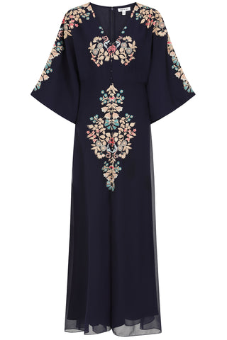 Briony Navy Embroidered Maxi Dress with Batwing Sleeves