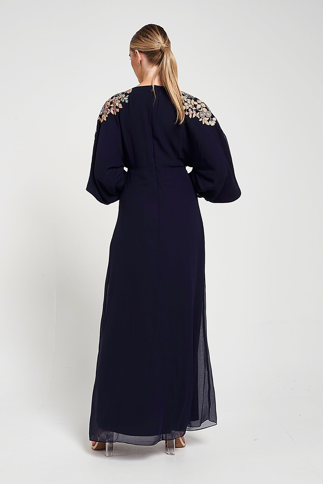 Briony Navy Embroidered Maxi Dress with Batwing Sleeves – Frock