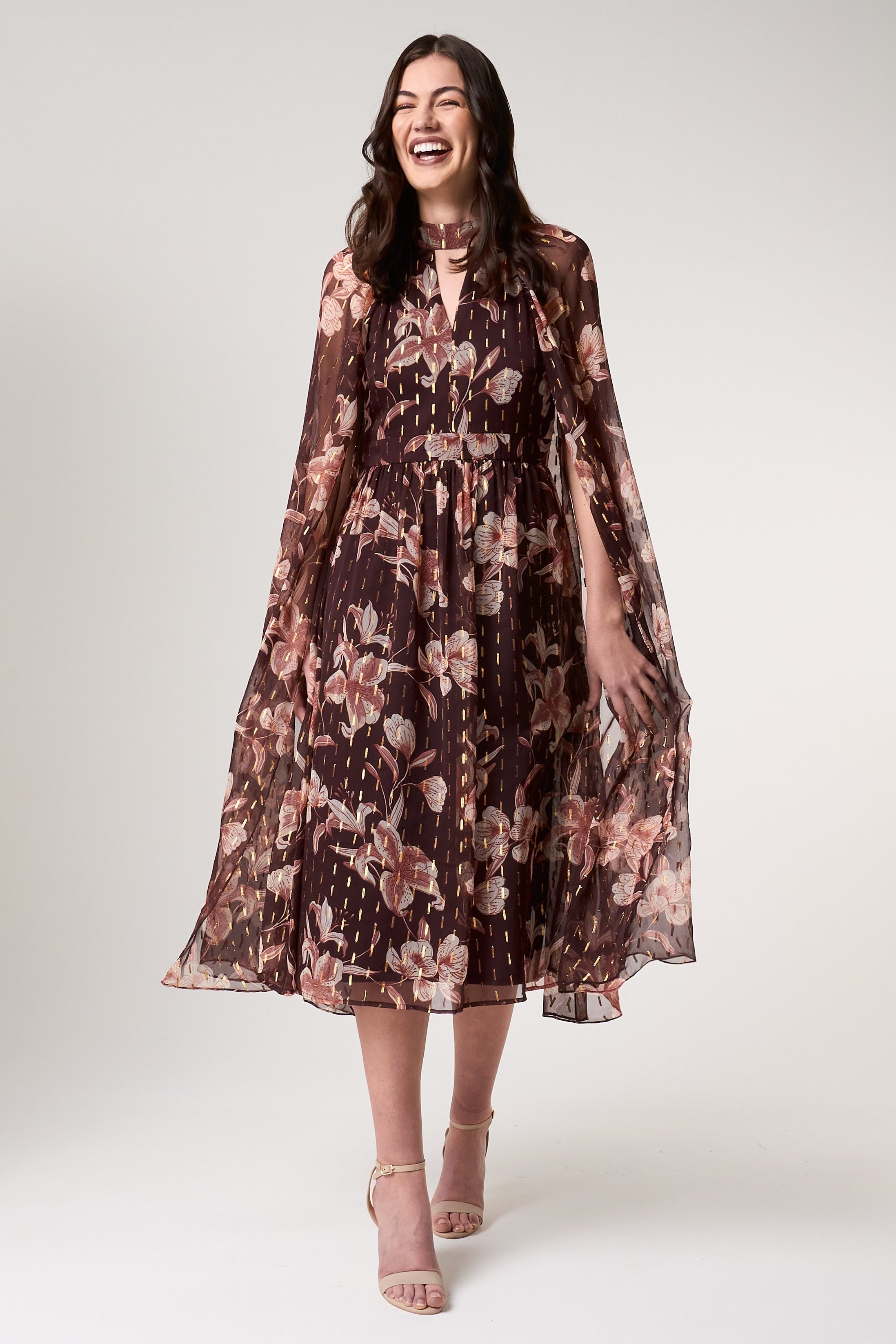 Bronwyn Brown Floral Print Cape Sleeve Midi Dress – Frock and Frill Bronwyn Brown Floral Print Cape Sleeve Midi Dress – Frock and Frill