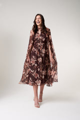 Bronwyn Brown Floral Print Cape Sleeve Midi Dress