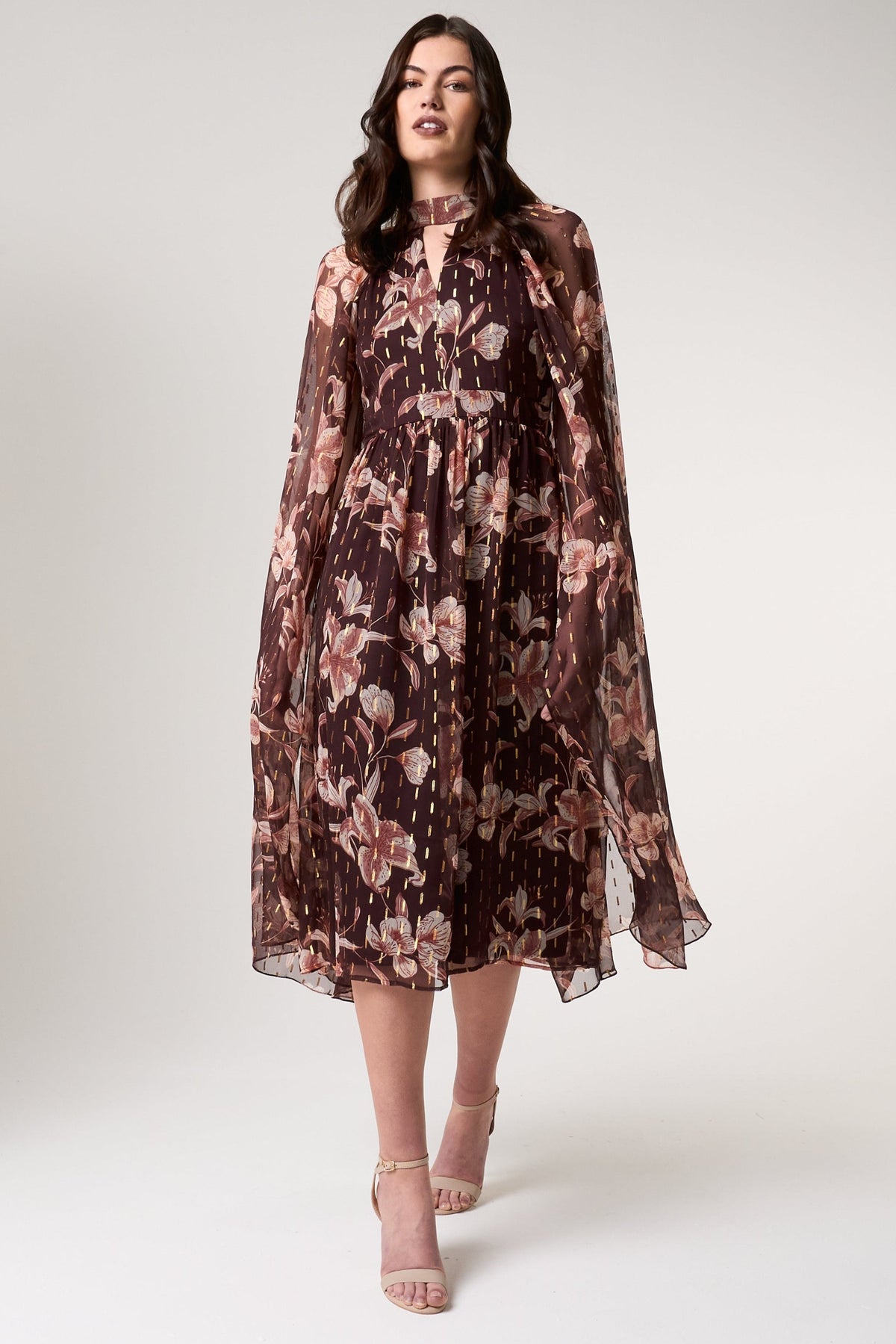 Bronwyn Brown Floral Print Cape Sleeve Midi Dress Frock and Frill Bronwyn Brown Floral Print Cape Sleeve Midi Dress Frock and Frill