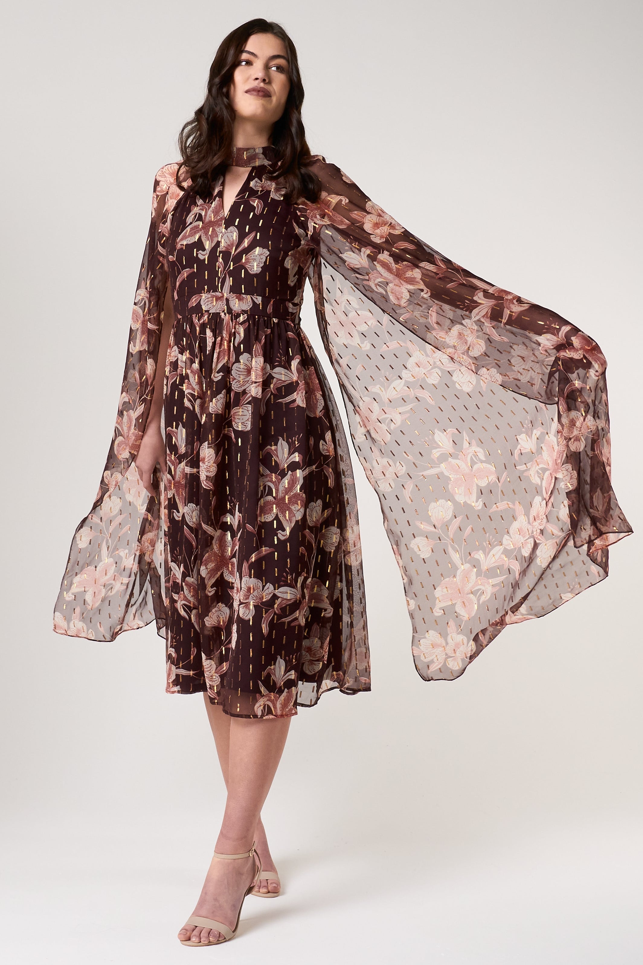Bronwyn Brown Floral Print Cape Sleeve Midi Dress – Frock and Frill
