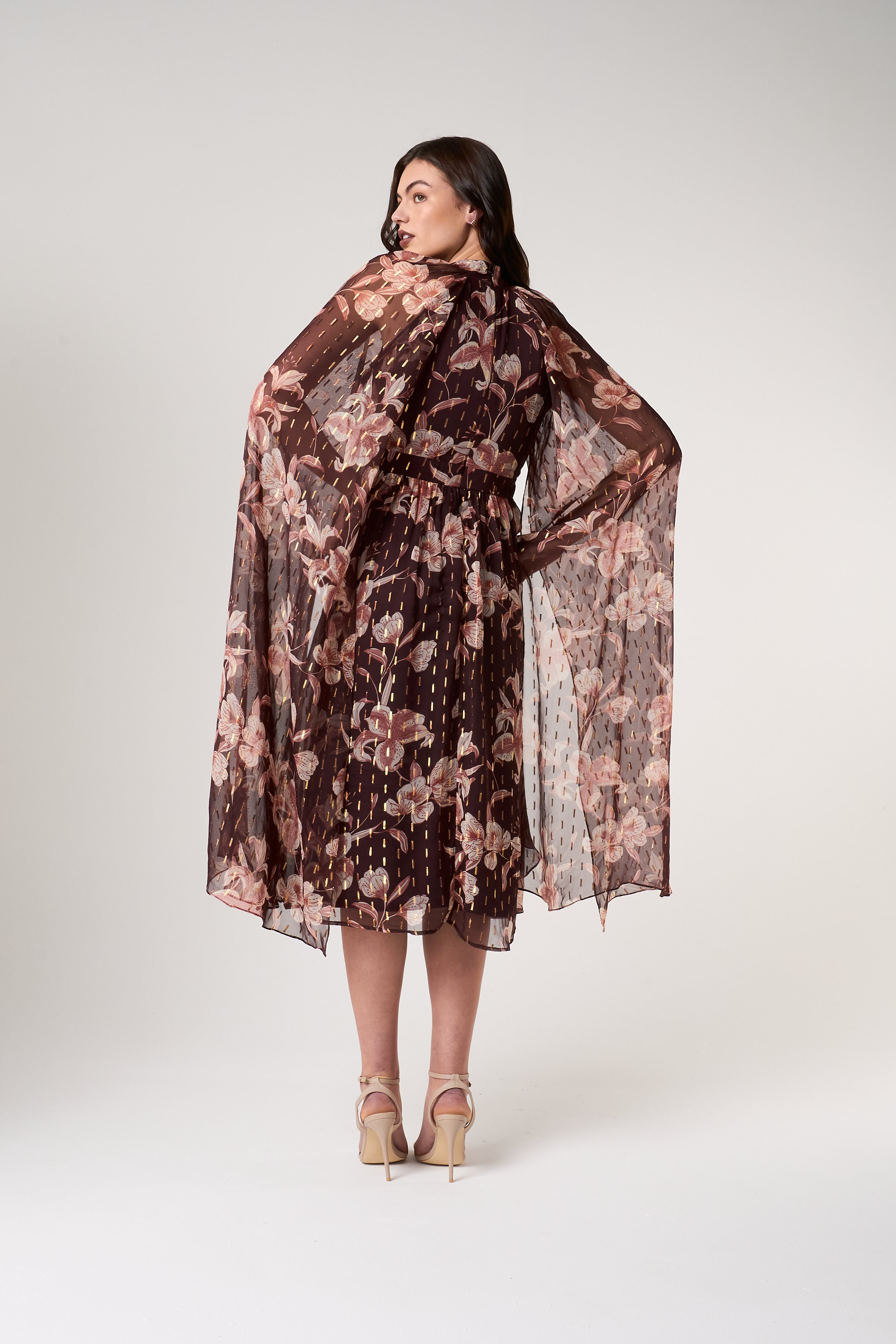 Bronwyn Brown Floral Print Cape Sleeve Midi Dress