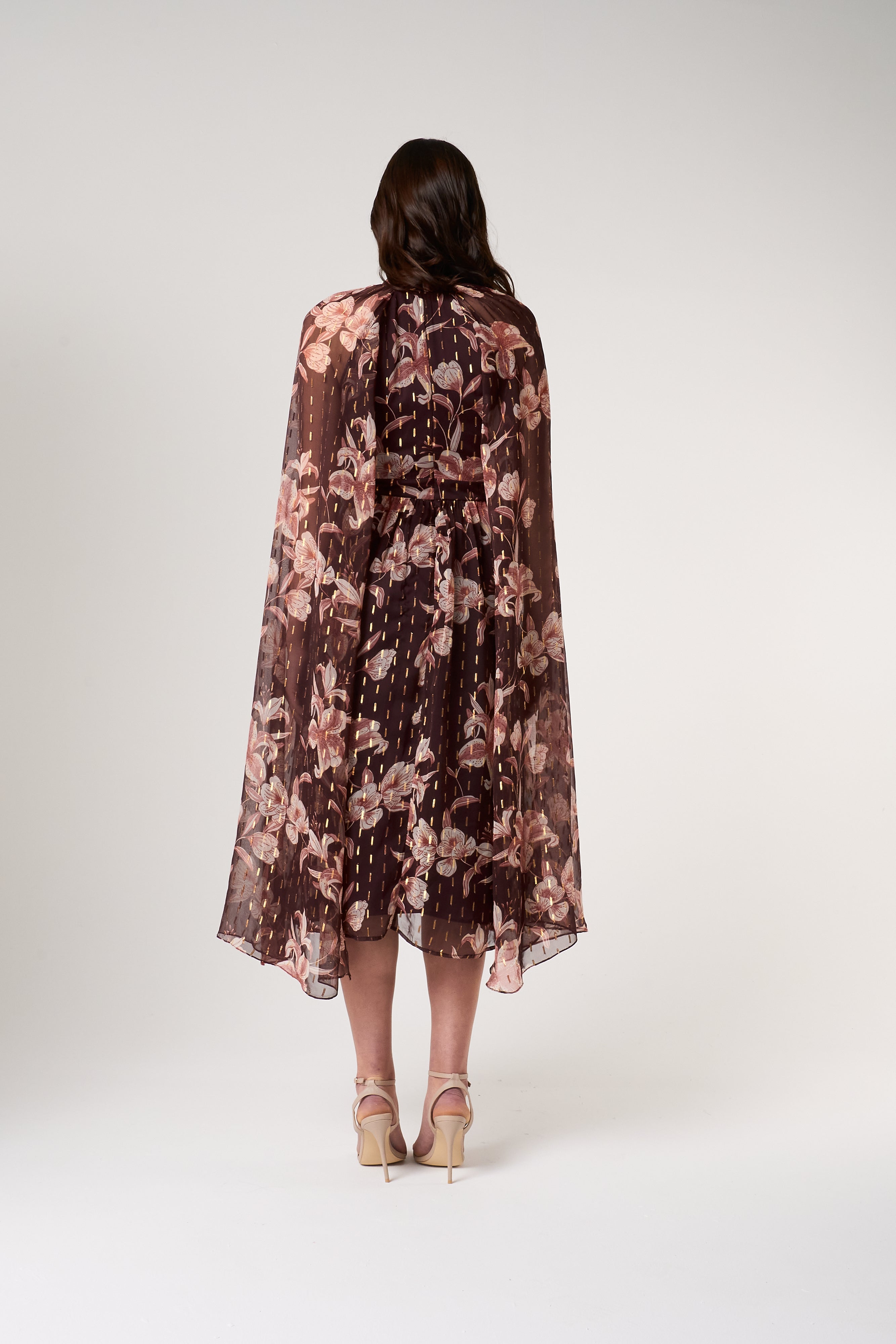 Bronwyn Brown Floral Print Cape Sleeve Midi Dress