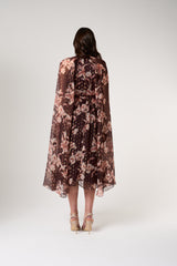 Bronwyn Brown Floral Print Cape Sleeve Midi Dress