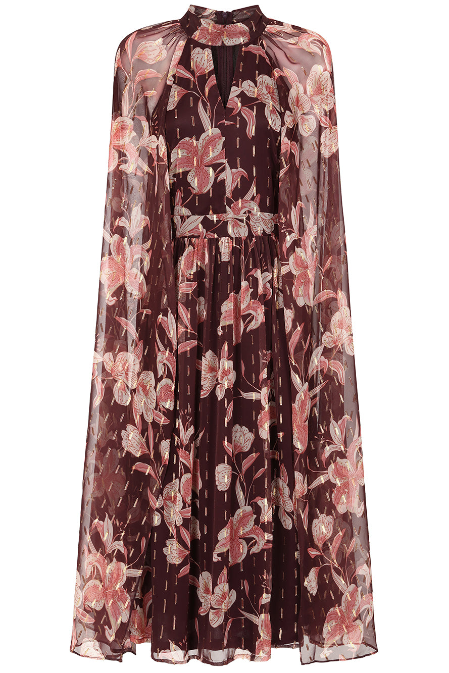 Bronwyn Brown Floral Print Cape Sleeve Midi Dress