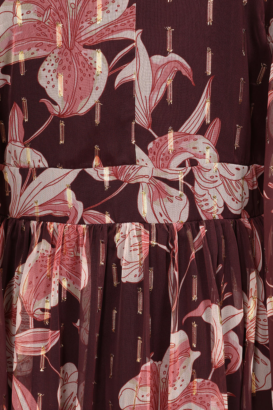 Bronwyn Brown Floral Print Cape Sleeve Midi Dress