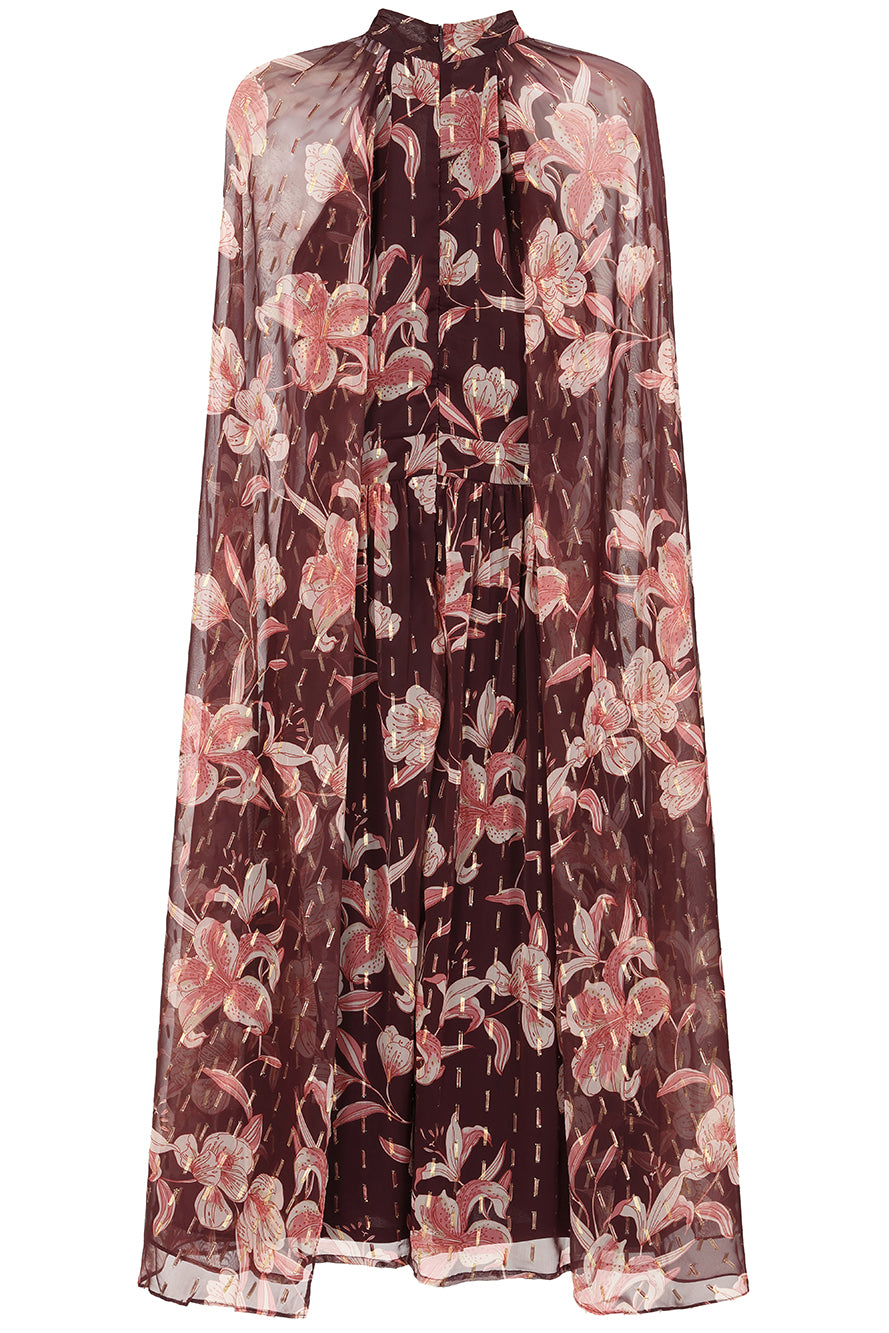 Bronwyn Brown Floral Print Cape Sleeve Midi Dress