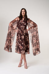 Bronwyn Brown Floral Print Cape Sleeve Midi Dress