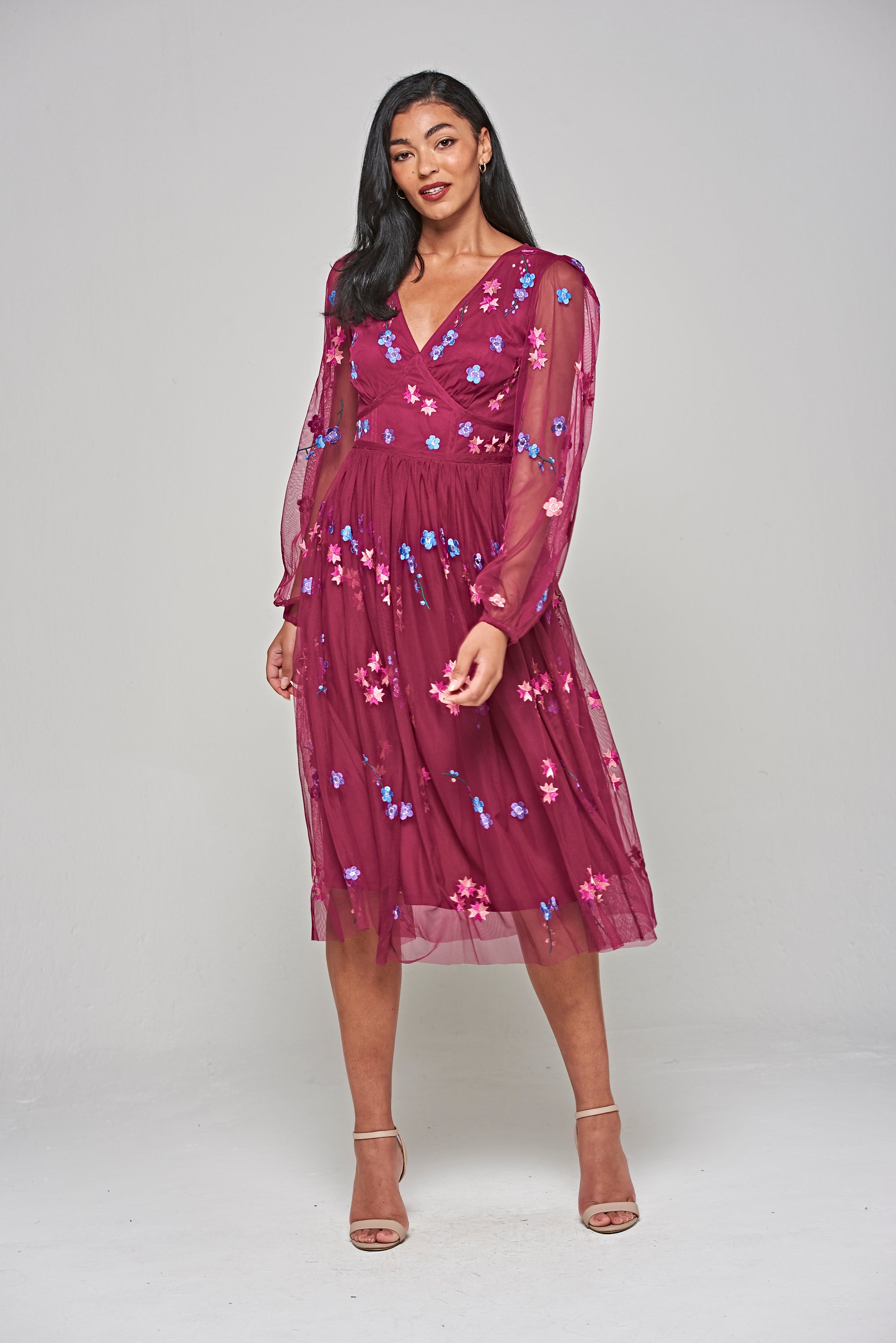 Brooke Boysenberry Floral Embroidered Midi Dress – Frock and Frill