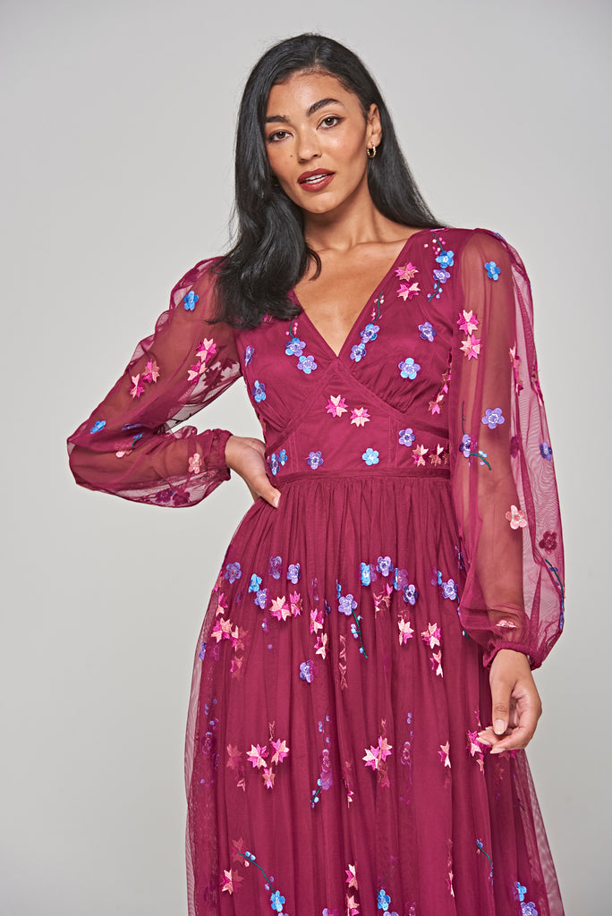 Brooke Boysenberry Floral Embroidered Midi Dress