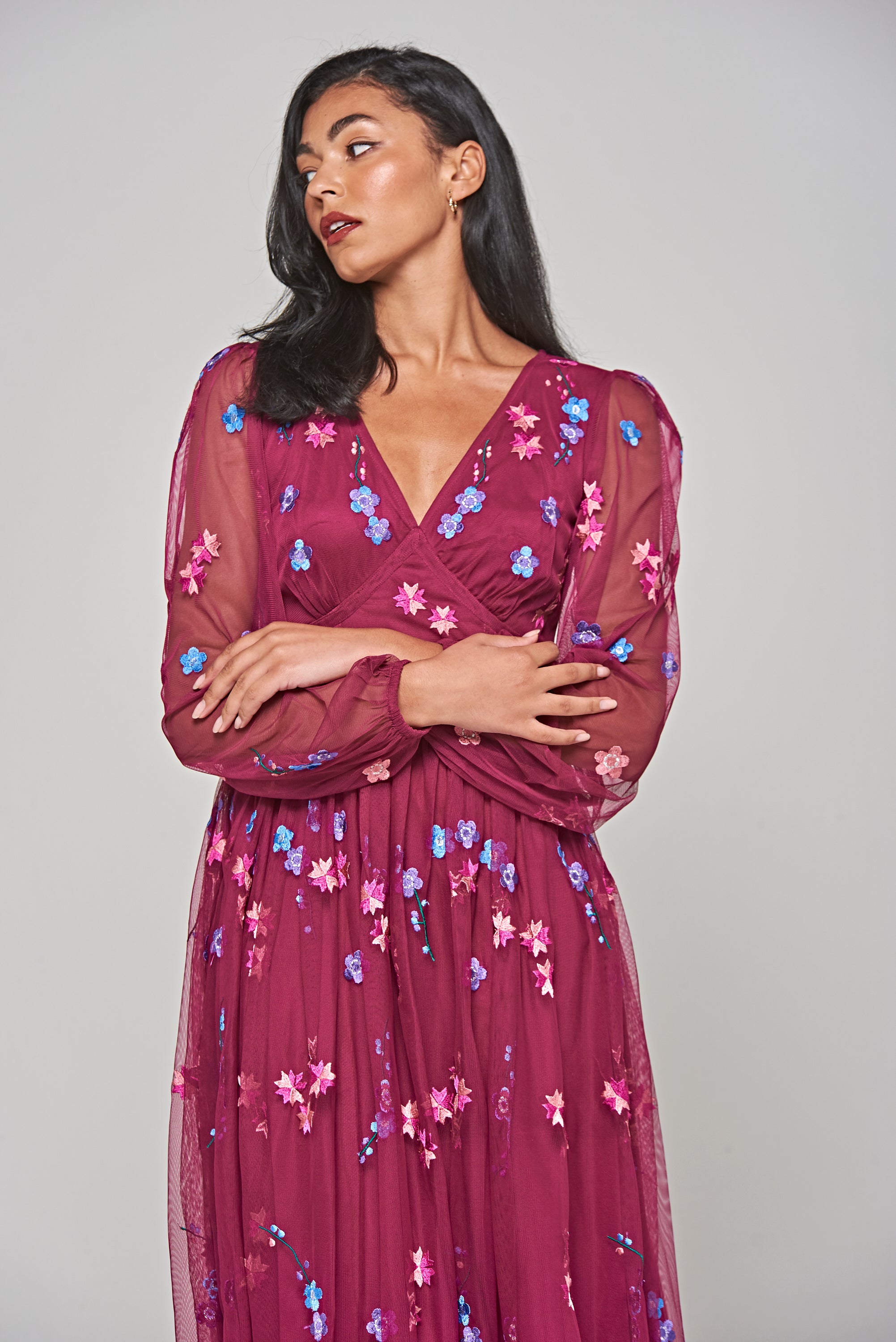 Brooke Boysenberry Floral Embroidered Midi Dress