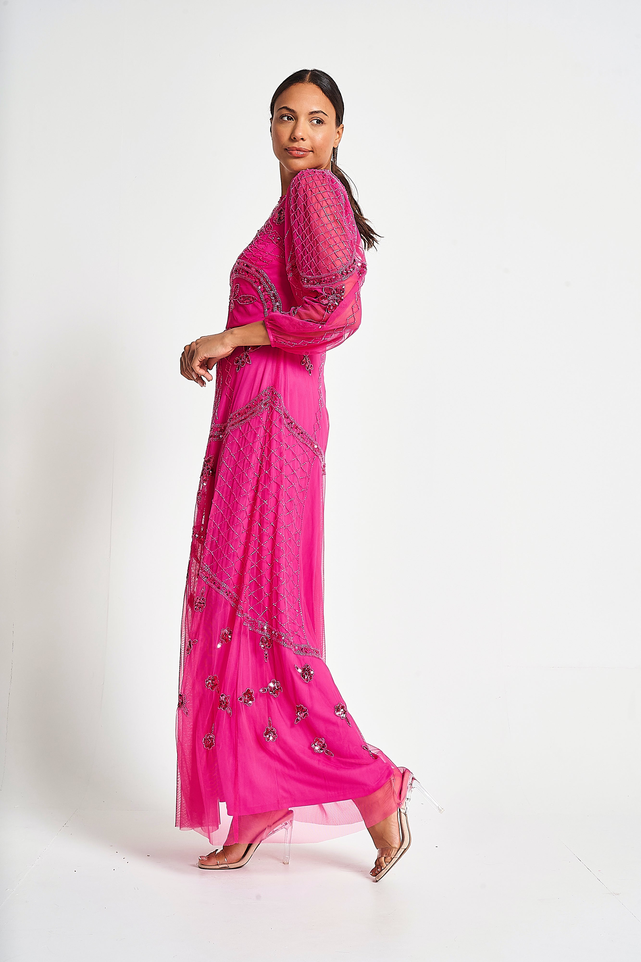 Calanthe Embellished Maxi Dress - Fuchsia Red