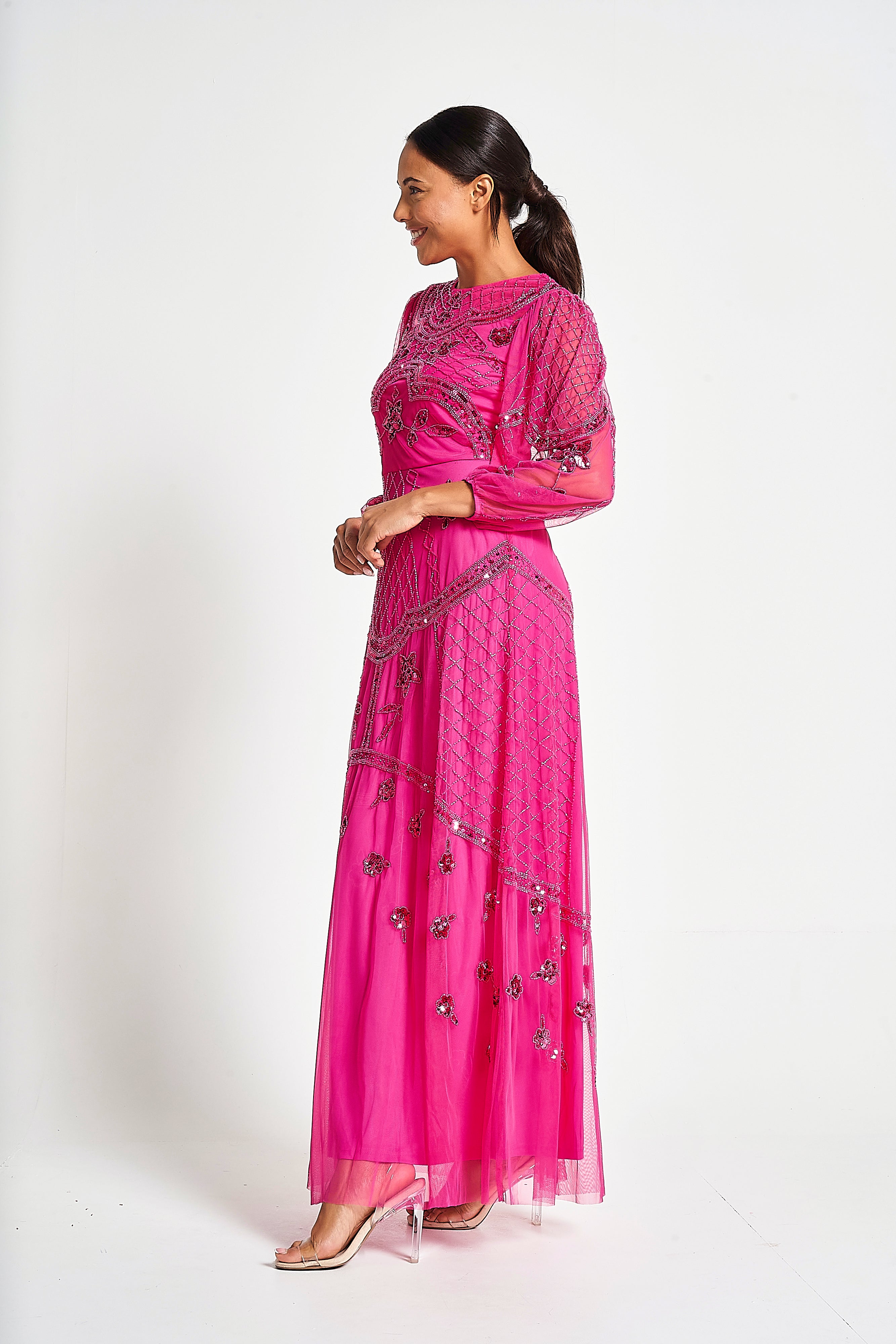 Calanthe Embellished Maxi Dress - Fuchsia Red