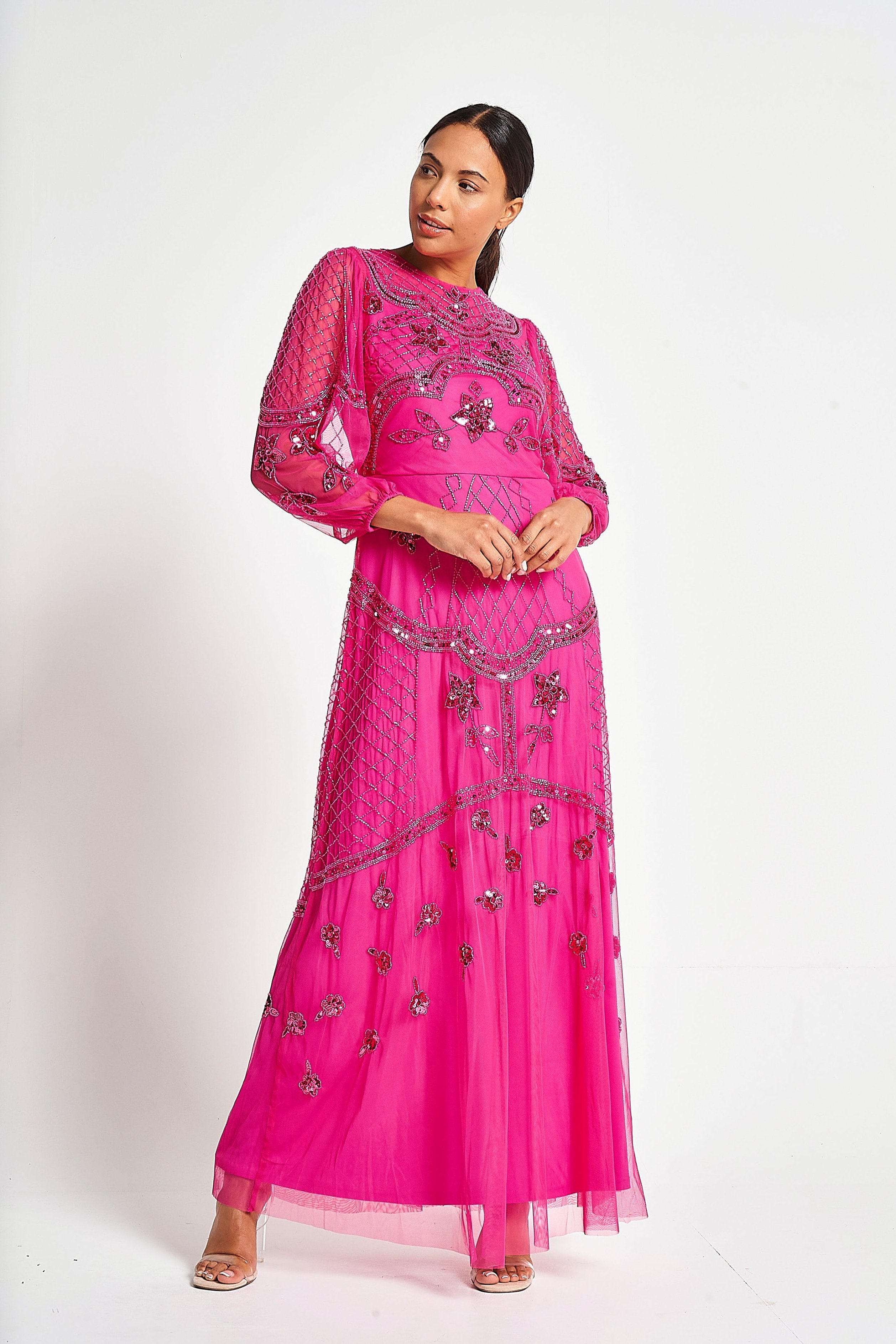 Calanthe Embellished Maxi Dress - Fuchsia Red