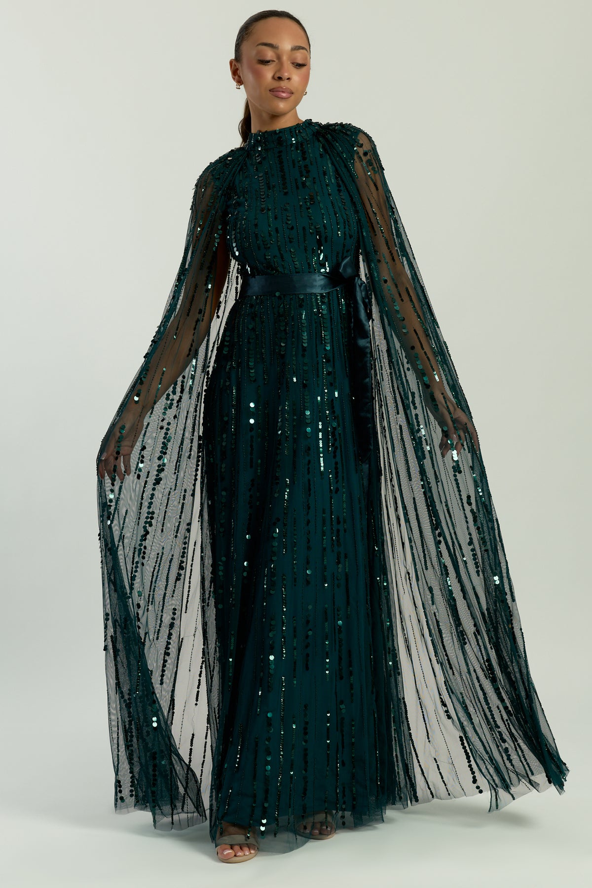 Calytrix Green Embellished Maxi Dress with Cape Sleeves