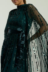 Calytrix Green Embellished Maxi Dress with Cape Sleeves