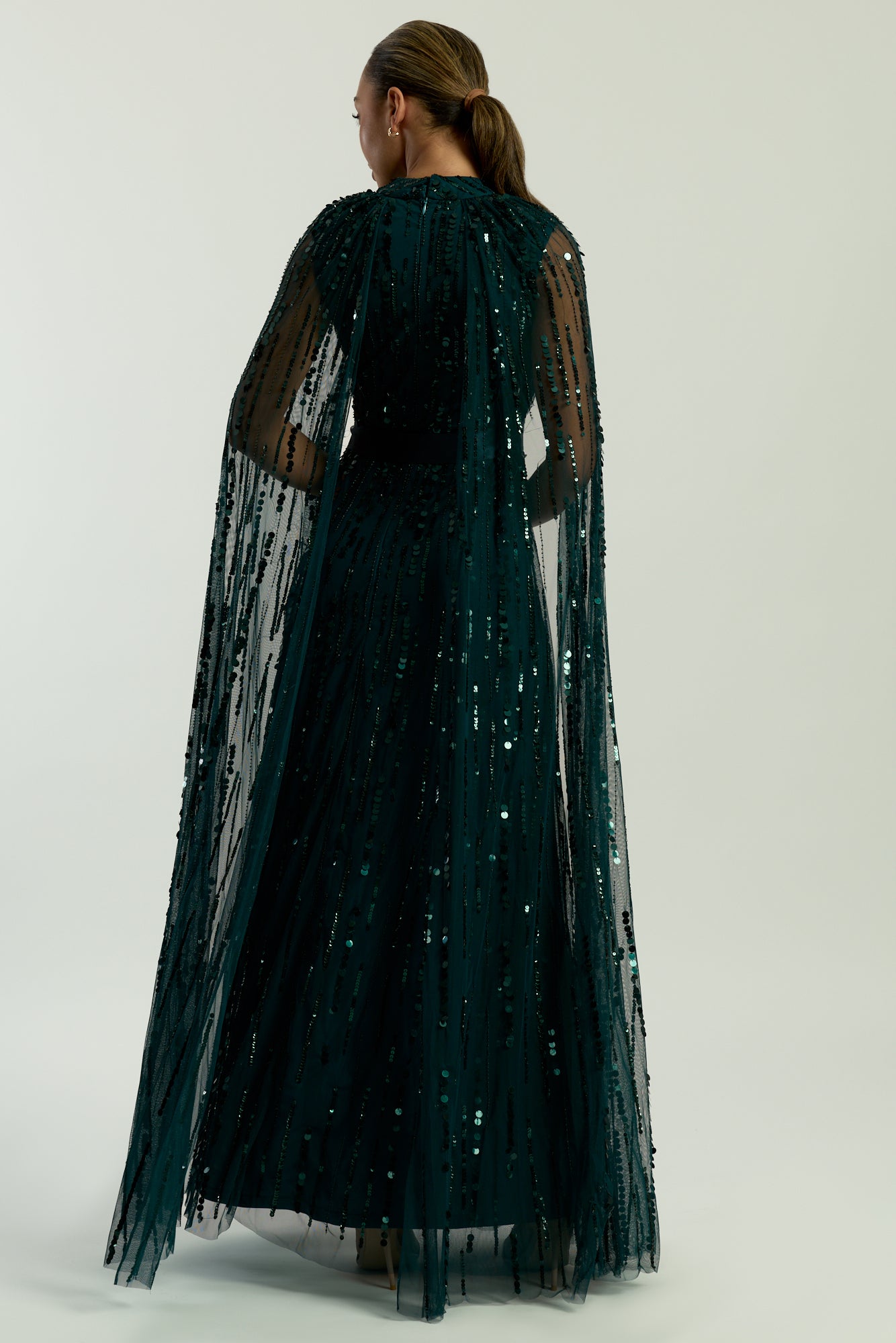Calytrix Green Embellished Maxi Dress with Cape Sleeves