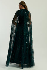 Calytrix Green Embellished Maxi Dress with Cape Sleeves