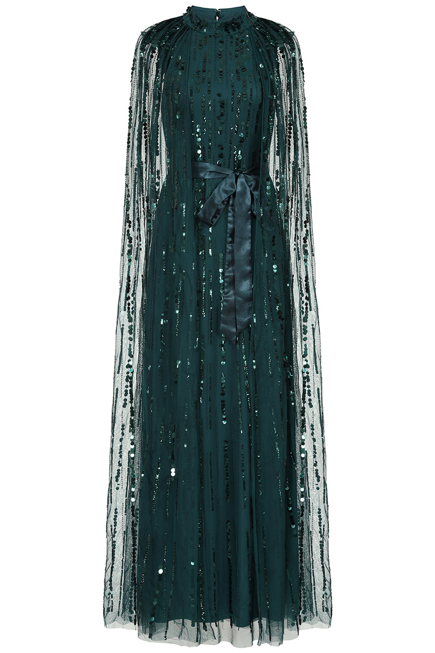 Calytrix Green Embellished Maxi Dress with Cape Sleeves