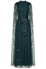 Calytrix Green Embellished Maxi Dress with Cape Sleeves