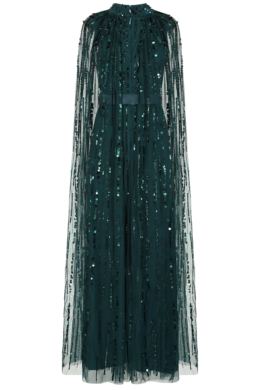 Calytrix Green Embellished Maxi Dress with Cape Sleeves