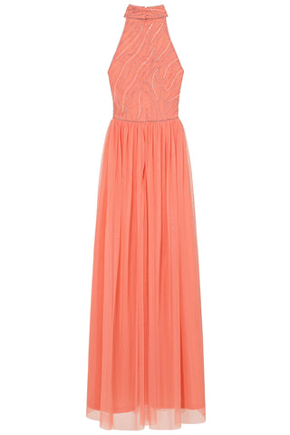 Goldfoil Halter Neck Maxi Dress Ecru