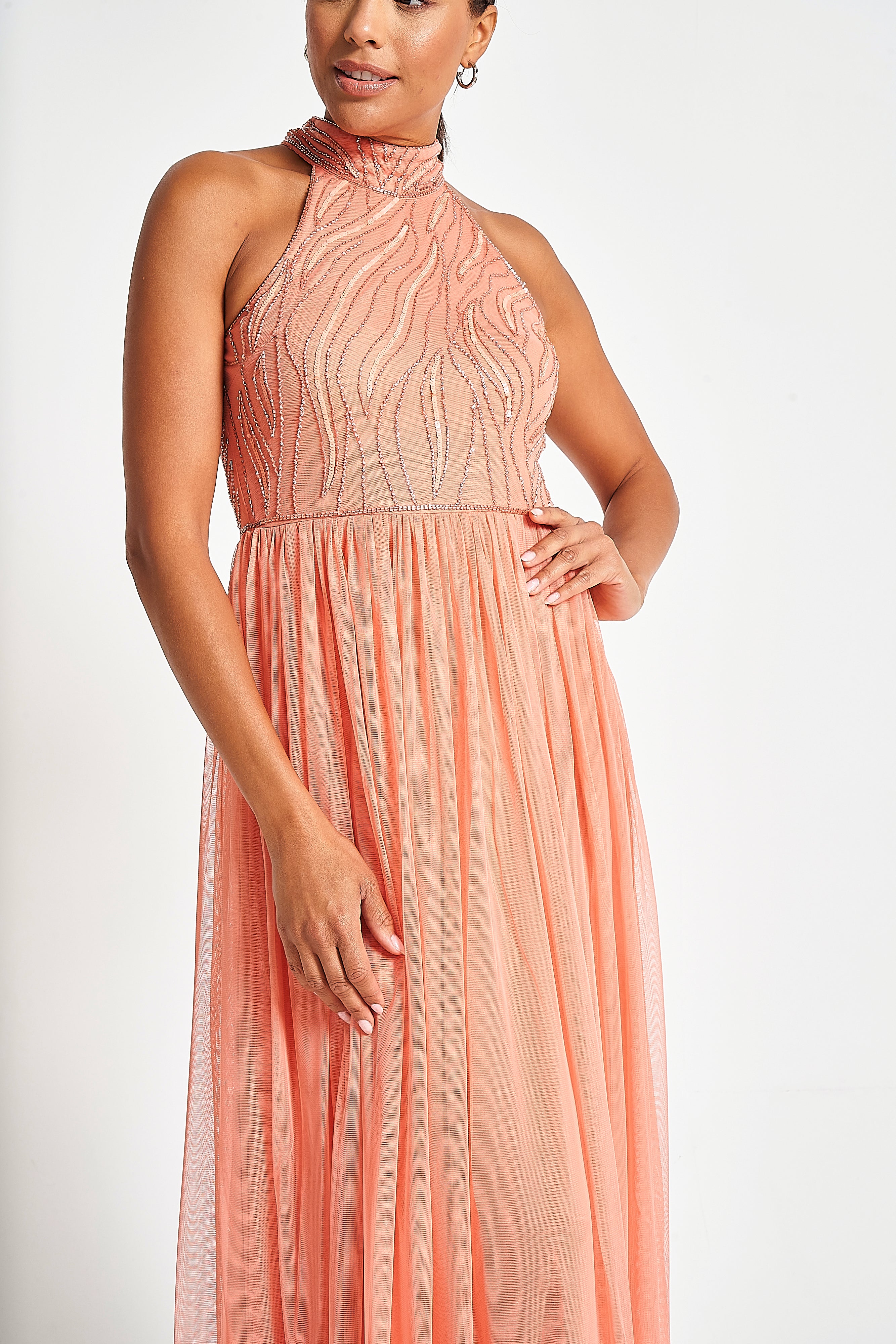 Caroline Coral Embellished Halter Neck Maxi Dress