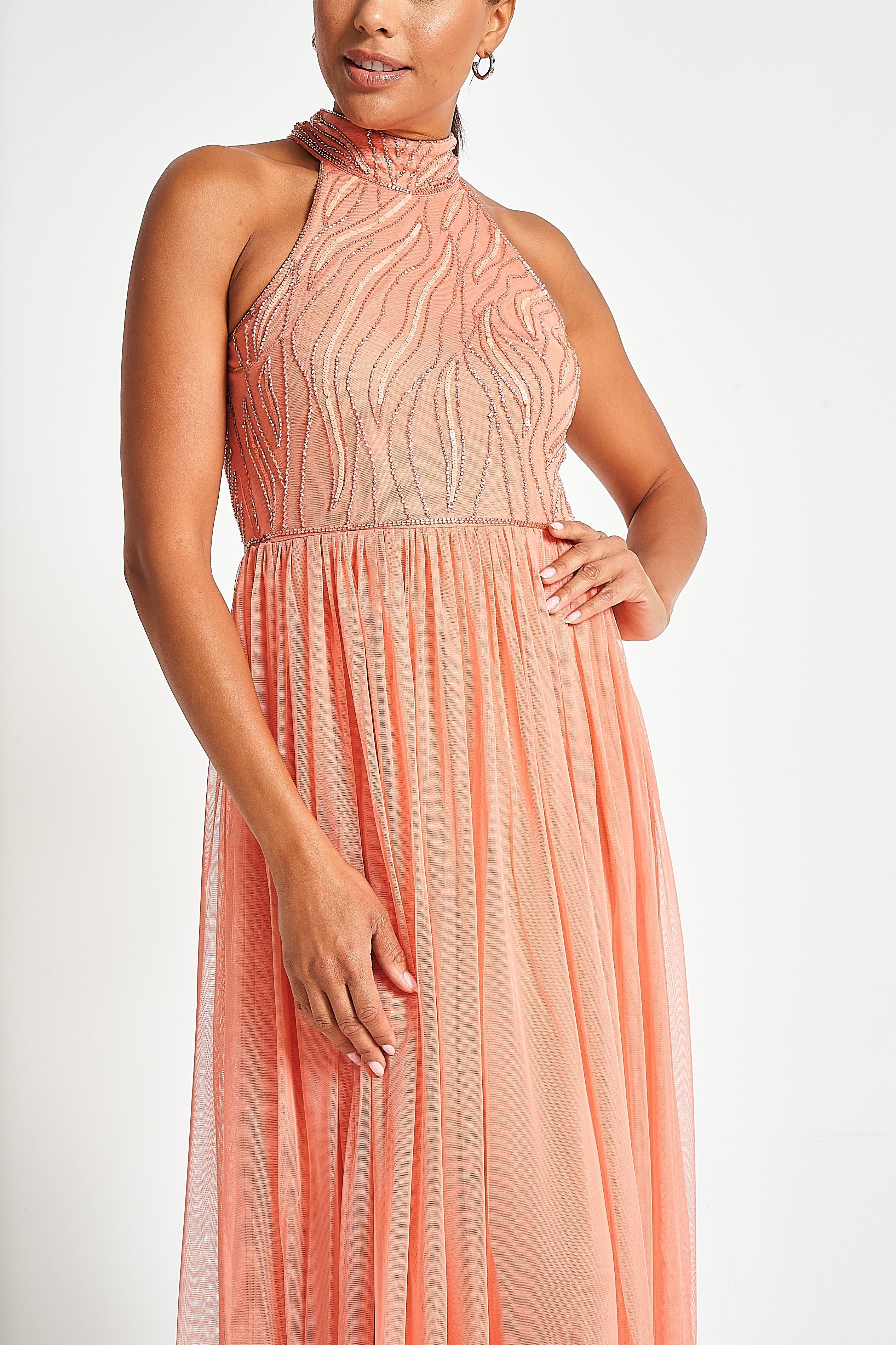 Caroline Coral Embellished Halter Neck Maxi Dress Frock and Frill Caroline Coral Embellished Halter Neck Maxi Dress Frock and Frill