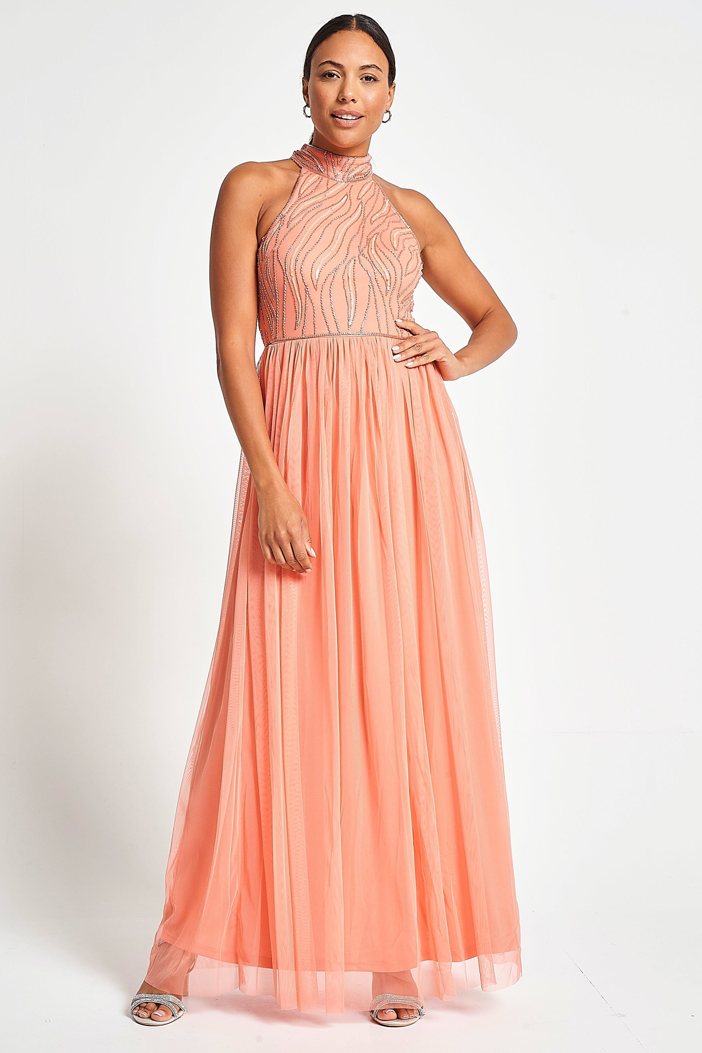 Caroline Coral Embellished Halter Neck Maxi Dress – Frock and Frill