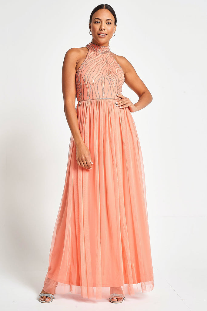 Caroline Coral Embellished Halter Neck Maxi Dress Frock and Frill Caroline Coral Embellished Halter Neck Maxi Dress Frock and Frill