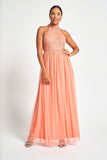 Caroline Coral Embellished Halter Neck Maxi Dress