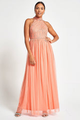 Caroline Coral Embellished Halter Neck Maxi Dress Frock and Frill Caroline Coral Embellished Halter Neck Maxi Dress Frock and Frill