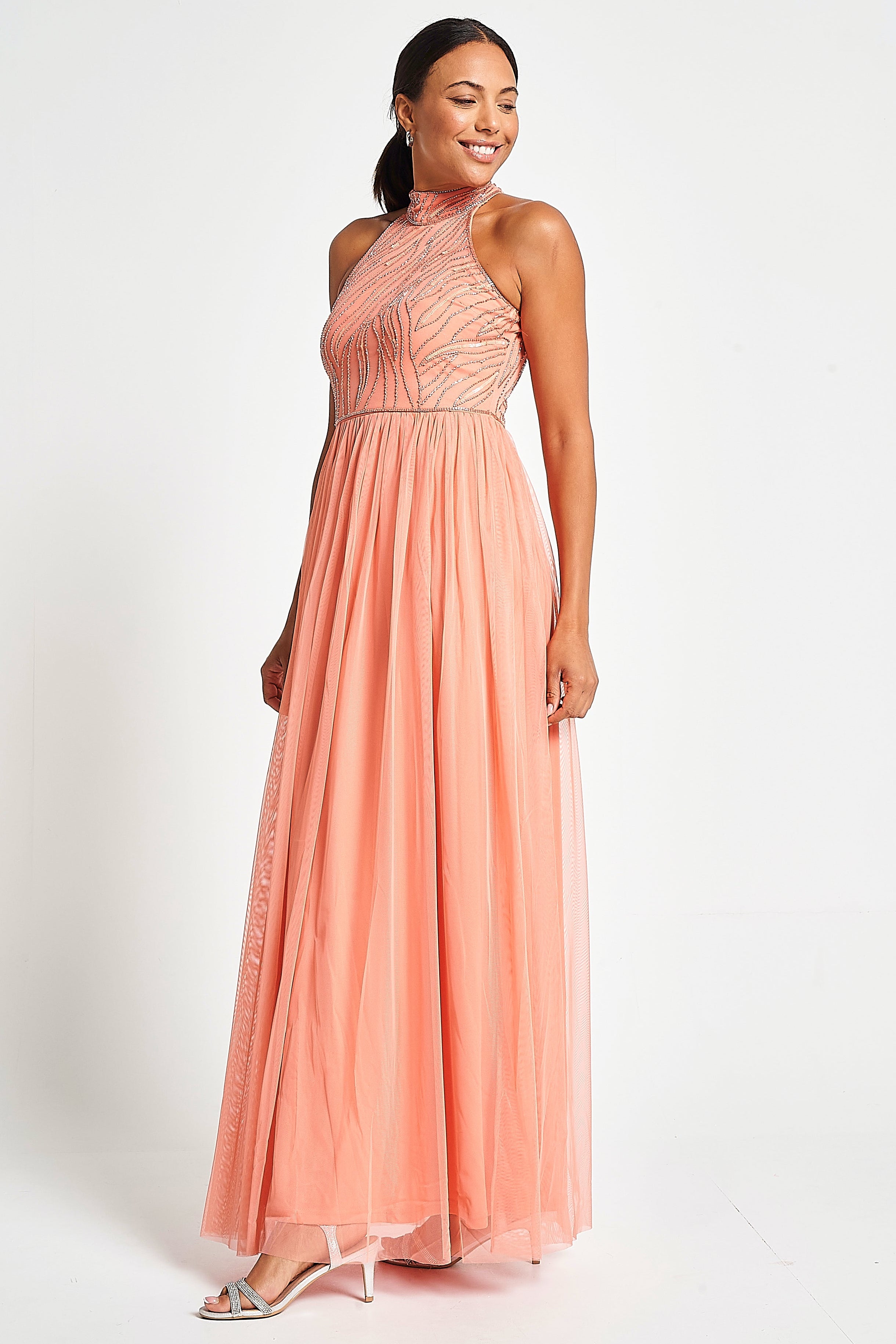 Caroline Coral Embellished Halter Neck Maxi Dress Frock and Frill Caroline Coral Embellished Halter Neck Maxi Dress Frock and Frill