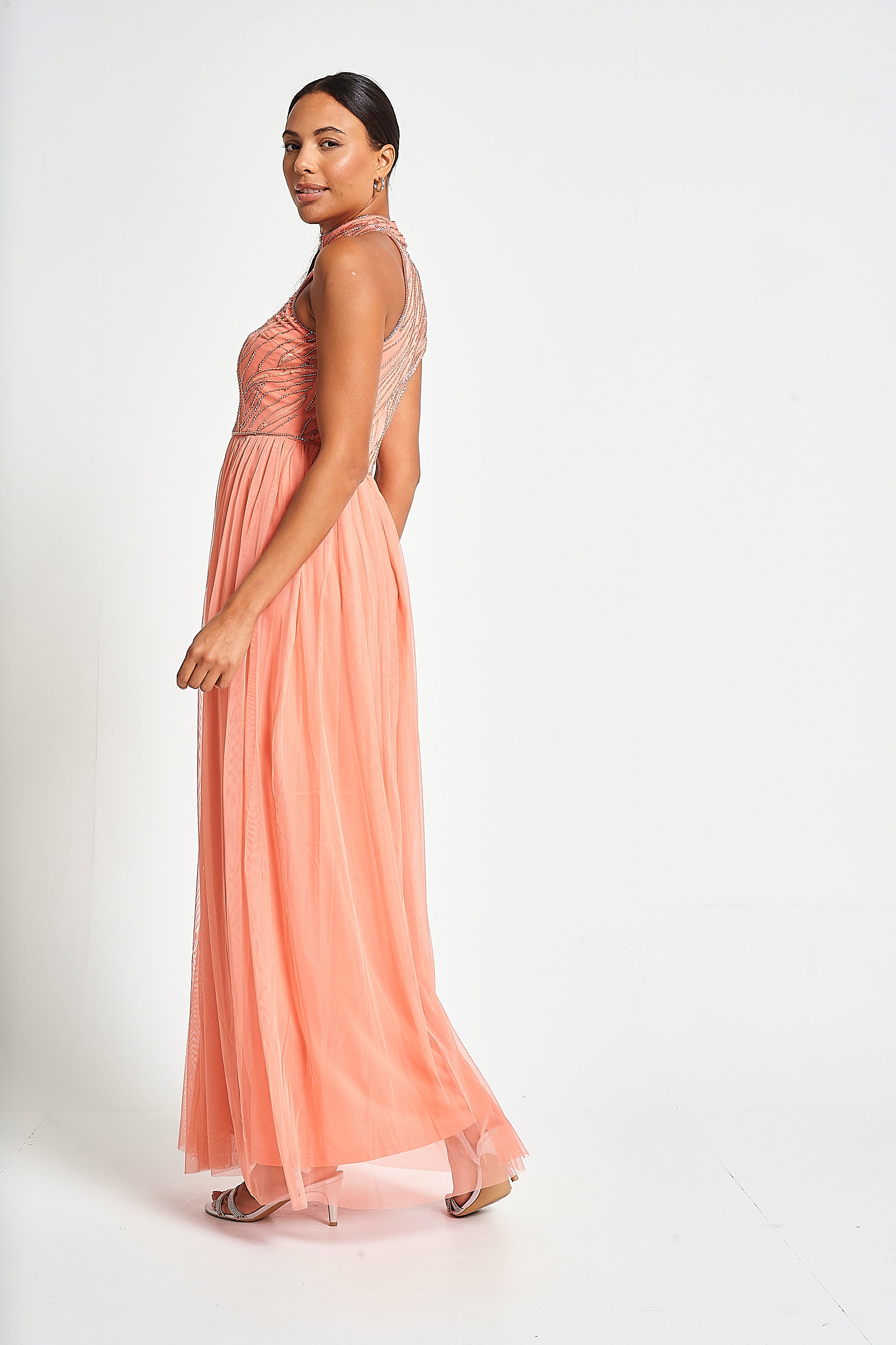Caroline Coral Embellished Halter Neck Maxi Dress
