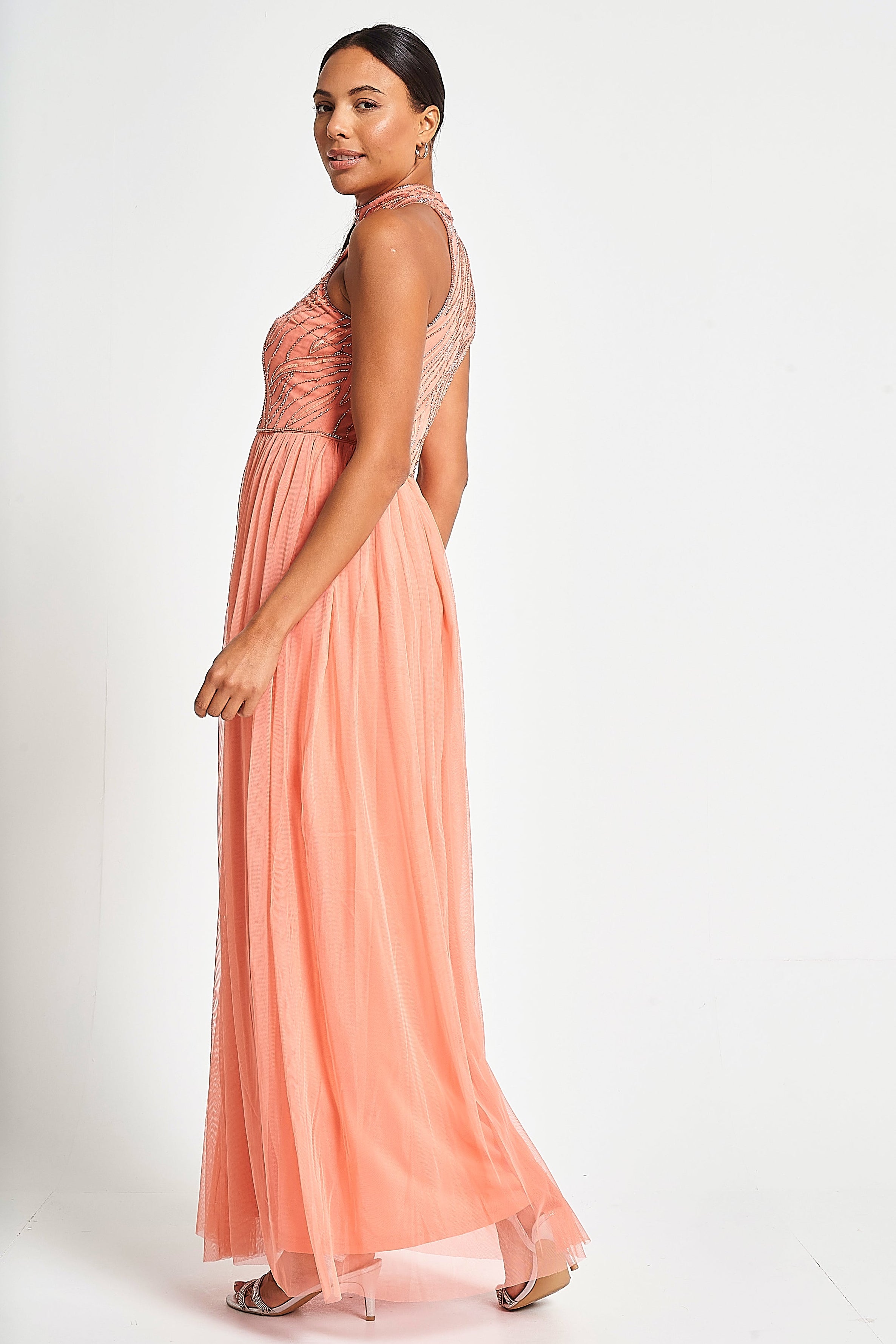 Caroline Coral Embellished Halter Neck Maxi Dress Frock and Frill Caroline Coral Embellished Halter Neck Maxi Dress Frock and Frill