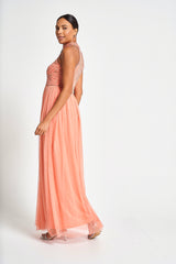Caroline Coral Embellished Halter Neck Maxi Dress