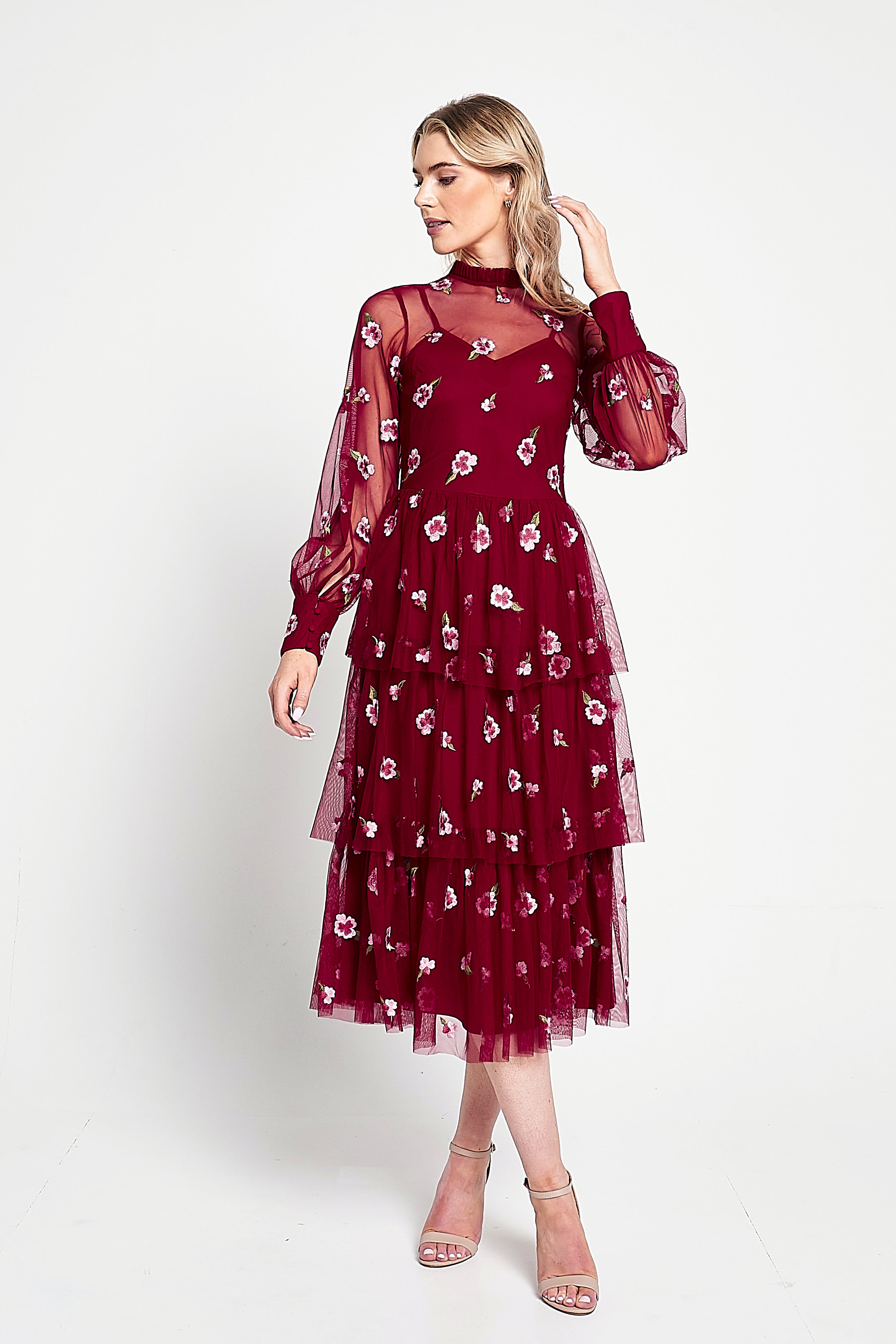 Carys Red Floral Embroidered Midi Dress