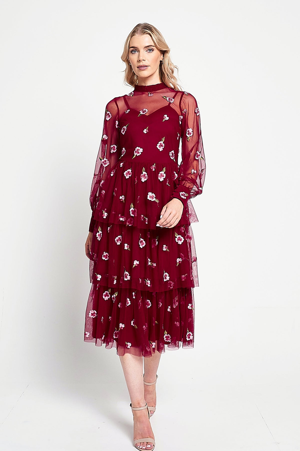 Carys Red Floral Embroidered Midi Dress