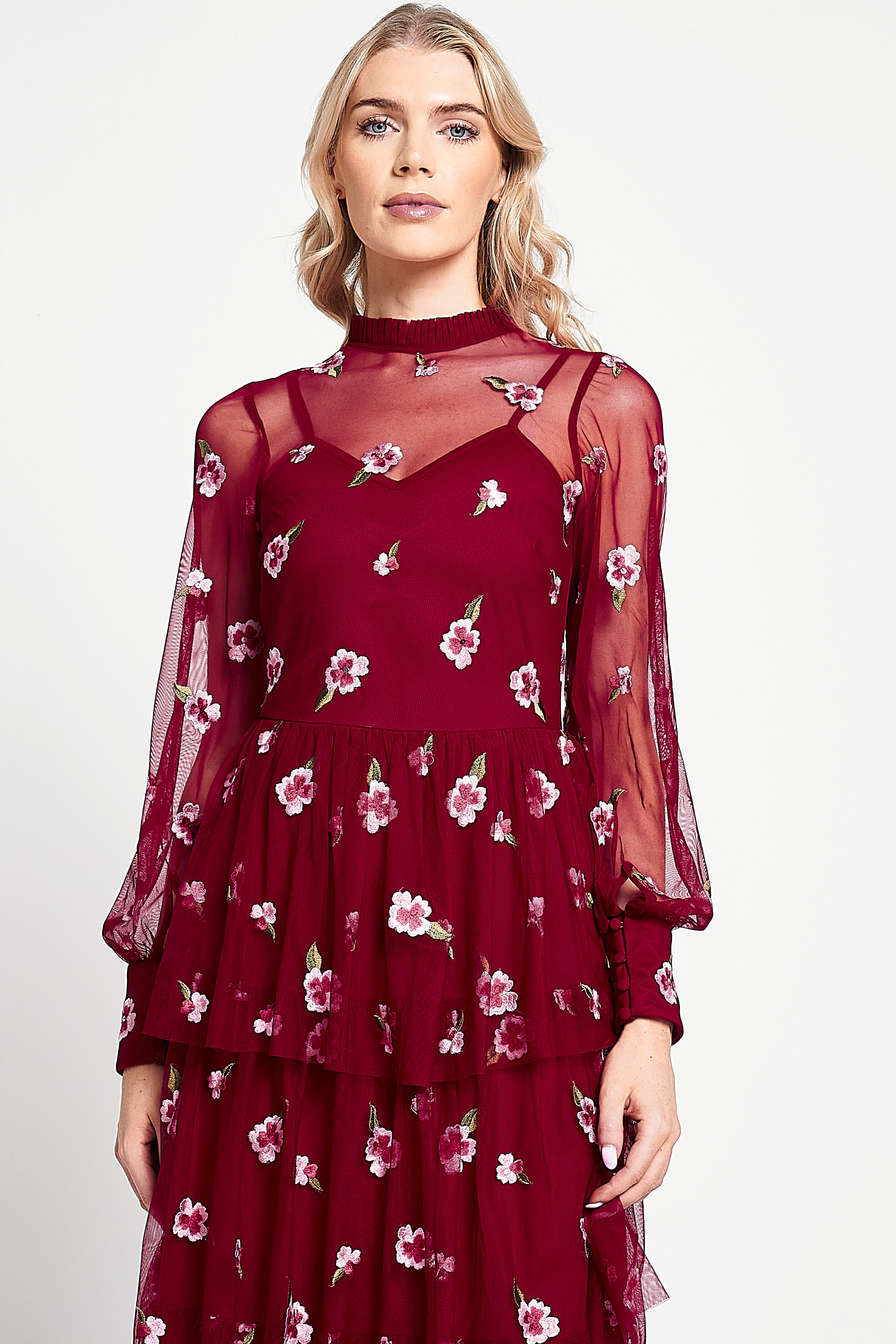 Carys Red Floral Embroidered Midi Dress