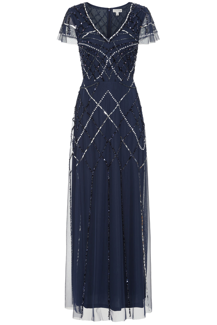 Catherine Navy Embellished Maxi Dress with art deco beaded detail, sheer flutter sleeves and V neckline, full length navy beaded dress for weddings and formal occasions.