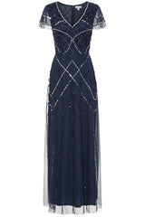 Catherine Navy Embellished Maxi Dress with art deco beaded detail, sheer flutter sleeves and V neckline, full length navy beaded dress for weddings and formal occasions.