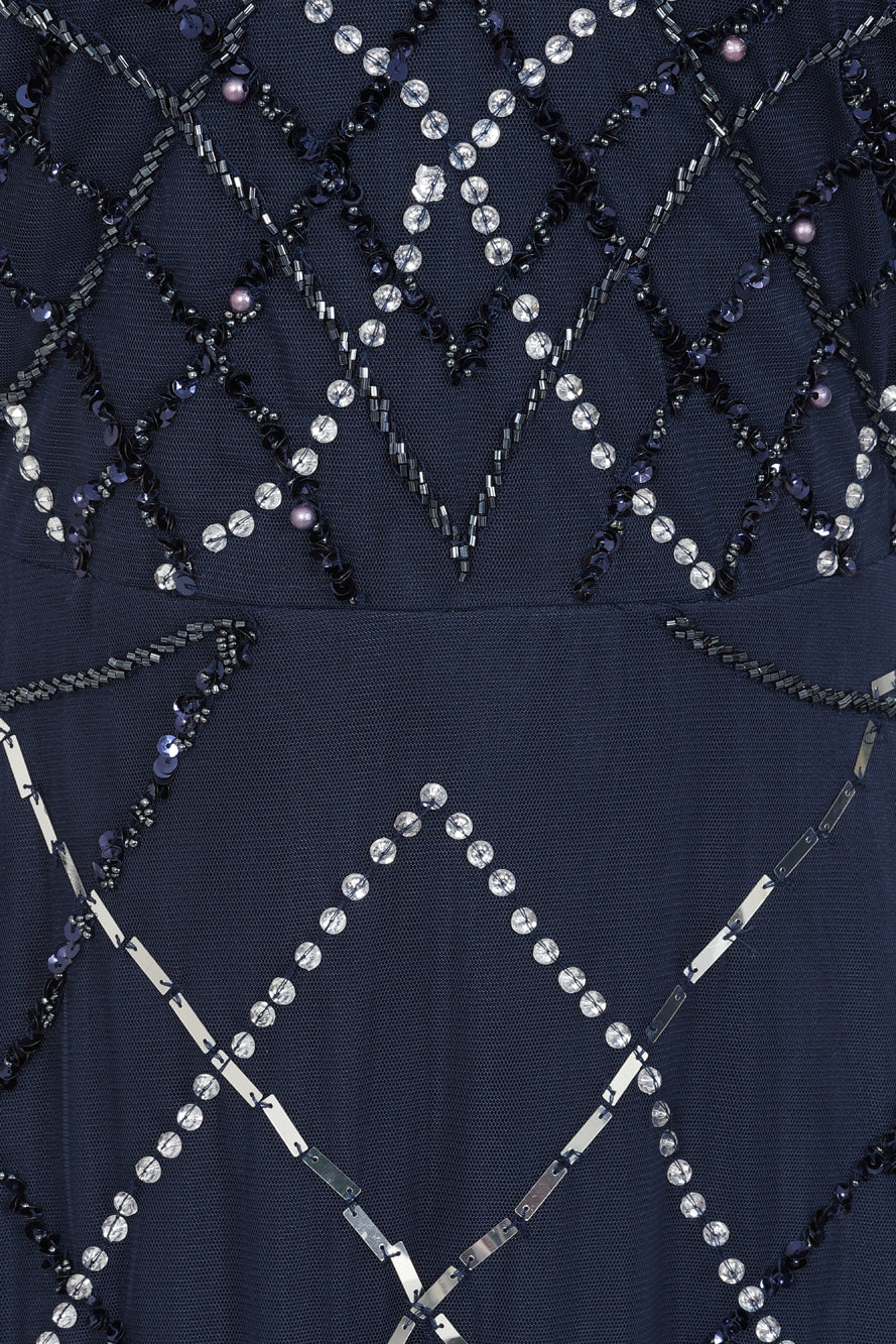 Catherine Navy Embellished Maxi Dress with art deco beaded detail, sheer flutter sleeves and V neckline, full length navy beaded dress for weddings and formal occasions.