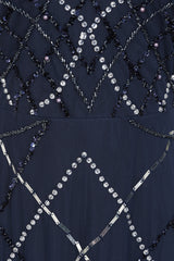 Catherine Navy Embellished Maxi Dress with art deco beaded detail, sheer flutter sleeves and V neckline, full length navy beaded dress for weddings and formal occasions.